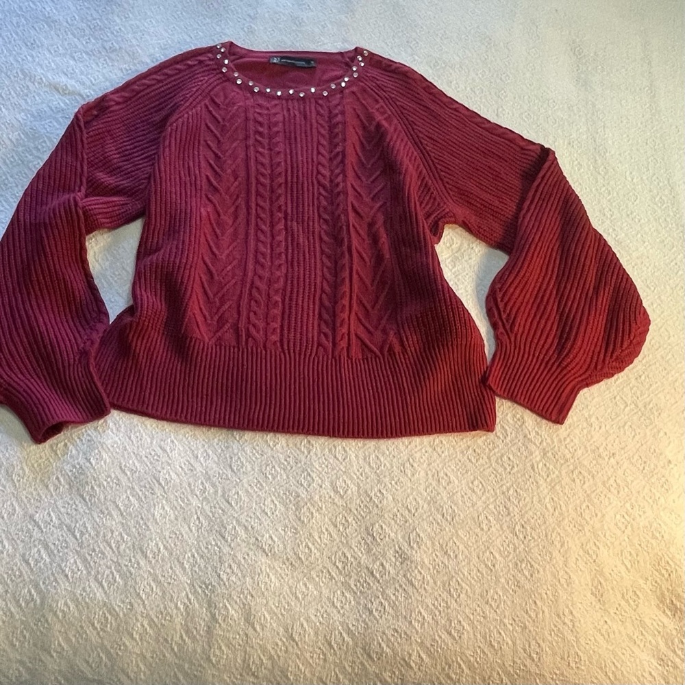 New York & Company Burgundy Sweater with‎ Rhinestone Details Size XL